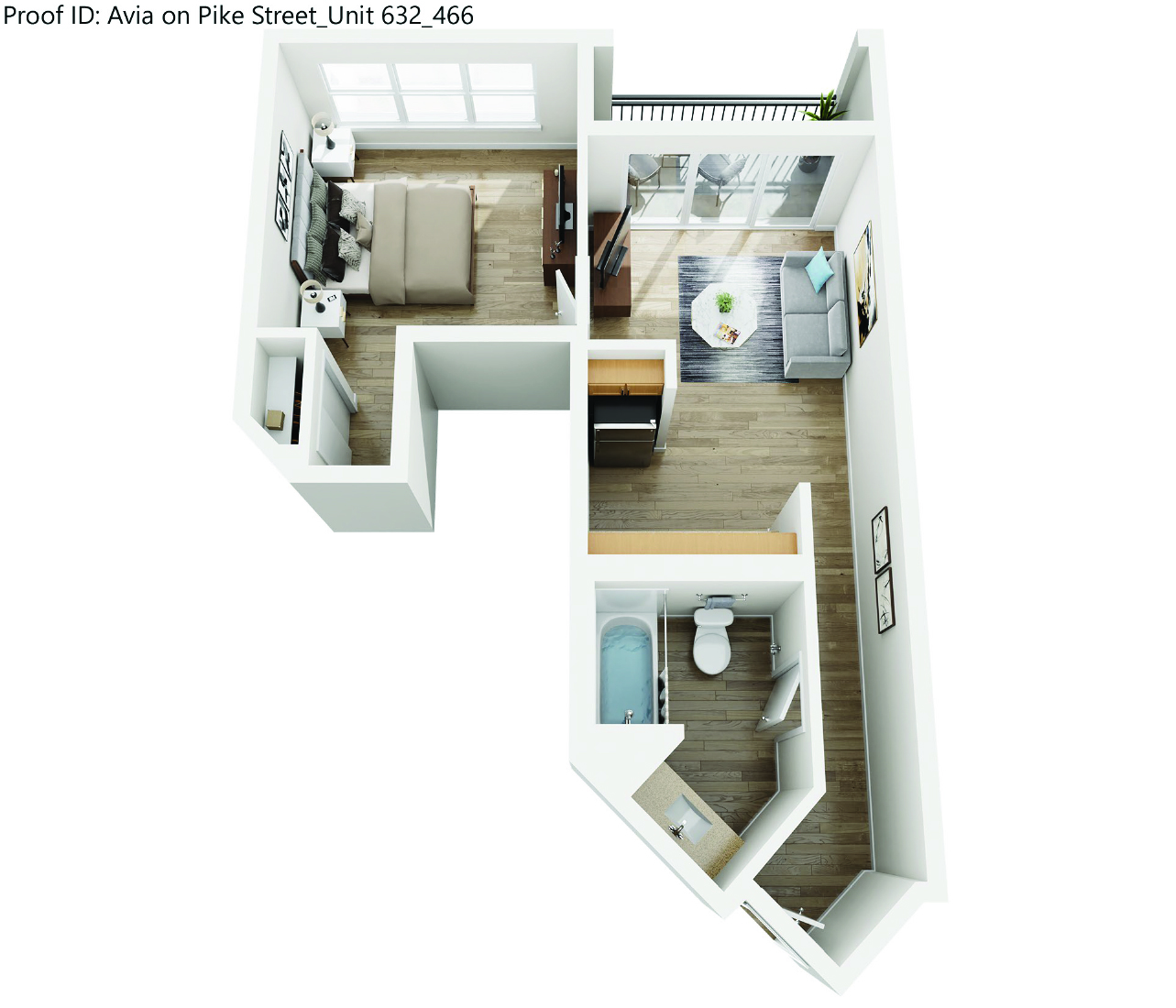 Floor plan for 1 bed, 1 bath, 466 sqft